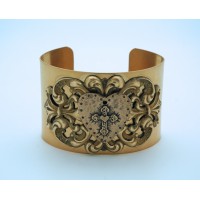 Vintage Style Cuff Bracelet, Hammered Heart w/ Cross Medal