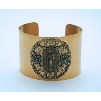 Vintage Style Cuff Bracelet, Guadalupe Medal, Black Diamond Swarovski Crystals