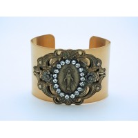 Vintage Style Cuff Bracelet, Miraculous Medal, Clear Swarovski Crystals