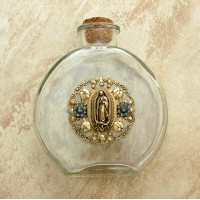 Vintage Style Holy Water Bottle, Guadalupe Medal, Black Diamond Swarovski Crystals