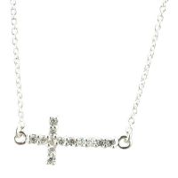 3/4 Inch Silver Plated Sideways Cubic Zirconia Cross 16 Inch Pack of 2