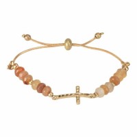 Bracelet-sideways Cross/cz/coral Stone Gold Plated
