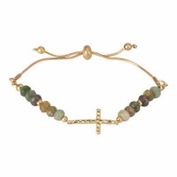 Bracelet-sideways Cross/cz/green Stone Gold Plated
