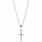 Necklace First Communion Sm Cz Cross Silver Plated-16 Inch Chain