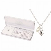 Necklace First Communion Heart/Cross/prl Silver Plated-16 Inch Chain