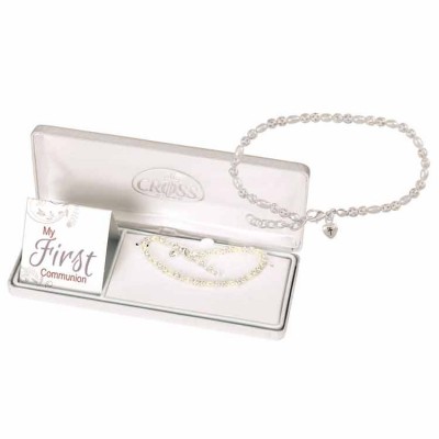 Bracelet First Communion Girl Gift Pearl/beads/ w/ Heart Charm Silver Plated 