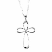 Necklace Silver Plated Open Petal Cross-24 Inches