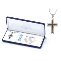 Acts 2:38 Stainless Steel Box Cross Necklace on 24 inch Chain