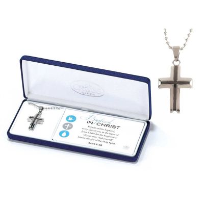 Acts 2:38 Stainless Steel Box Cross Necklace on 24 inch Chain - 714611177371 - 32-0759