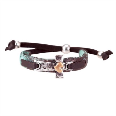 Bracelet-copper Ox And Leather Cuff With 2 Tone Ox Cross/heart - 603799098830 - 30-7013T