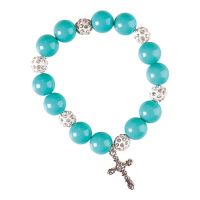 Bracelet-cross Pewter/Turquoise Stretch-Godmother (Pack of 4)