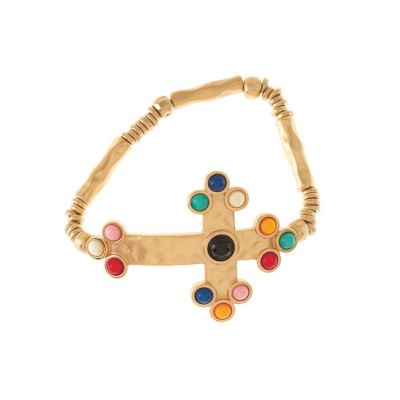 Bracelet-Gold plated Jeweled Bud Cross With Turquoise Beads - 714611176824 - 30-6365T