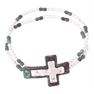 Bracelet-Silver Plated And Copper Oxide Cross Double Beaded Stretch - 603799098779 - 30-7010T