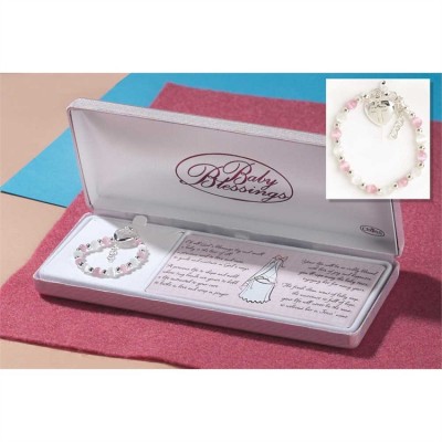 Bracelet Silver Plated Baby White/Pink/Heart/Cross - 714611152651 - 73-1822P