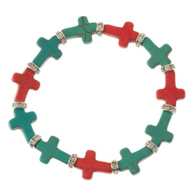Bracelet Silver Plated Cubic Zirconia/Turquoise/Coral Multi Cross - 714611176794 - 30-6362T