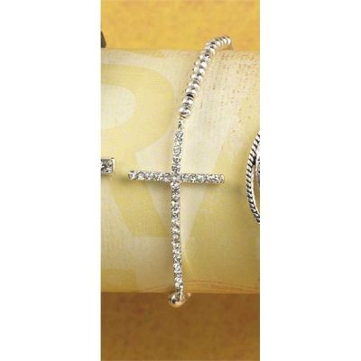 Bracelet Silver Plated Mini Beads/Curved Cubic Zirconia Cross - 714611153580 - 30-6192T