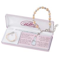 Bracelet-Silver Plated Puff Cross/Orange Pearls/beads