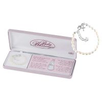 Bracelet-Silver Plated Puff Cross/white Pearls