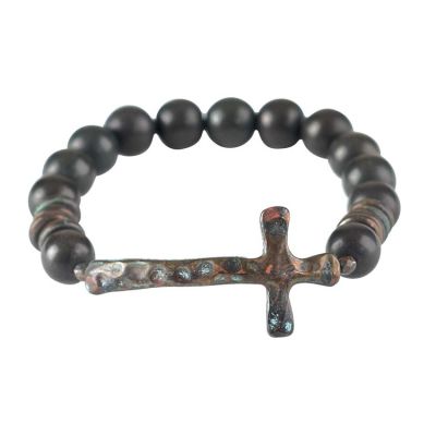 Bracelet-Silver Plated Sideways Cross/Wood Beads Stretch - 714611187196 - 30-6398T