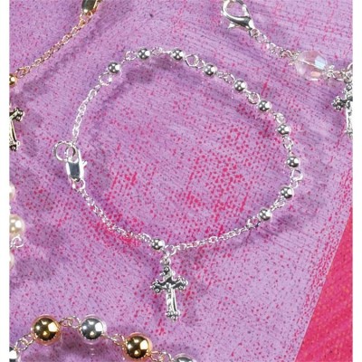 Bracelet Small Silver Plated Beads Crucifix 7.5 Inch - 714611102410 - 32-0844