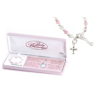 Bracelet Sterling Silver Baby White Cat s Eye/Pink Petal Cross - 714611182238 - 73-7558