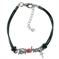 4pk -Bracelet-teacher W/ Cross w/Black Leather-like Cord (Pack of 4)