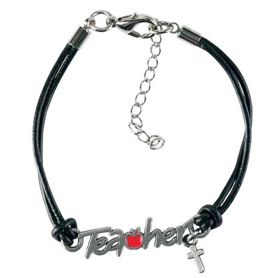 Bracelet-teacher W/ Cross w/Black Leather-like Cord (Pack of 4) - 603799105149 - J-65