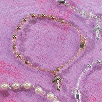 Bracelets Small Gold Plated Beads Gold Plated Crucifix 7.5 Inch