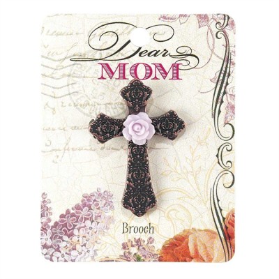 Brooch Mom Antique Copper Cross W/ Flower (Pack of 4) - 603799542517 - JAB-400