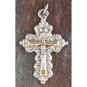 Gold/Silver Plated Small Crucifix 2 tone Fancy Petal Cross 18in Chain