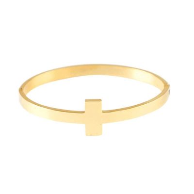 Hinged Bracelet-Gold plated Stainless Sideways Cross - 714611186496 - 32-9174T