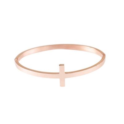 Hinged Bracelet-Rose Gold plated Stainless Sideway Cross - 714611186502 - 32-9175T