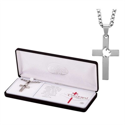 Men s Stainless Steel Cross Cutout Dove Necklace w/24 Inch Chain - 603799084642 - 32-1201