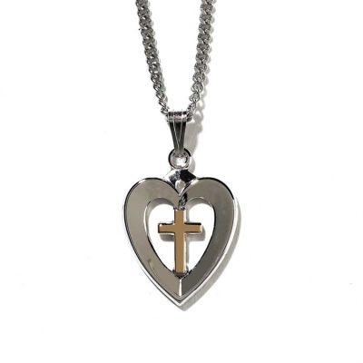 Necklace 2 tone Silver Plated Heart/Gold Plated Cross 18 Inch Chain - 714611139690 - 37-4013P