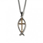 Necklace 2Tone Silver Plated Fish/Gold Plated Cross 18 Inch Chain