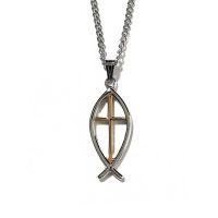 Necklace 2Tone Silver Plated Fish/Gold Plated Cross 18 Inch Chain