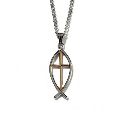 Necklace 2Tone Silver Plated Fish/Gold Plated Cross 18 Inch Chain - 714611139720 - 37-4413P