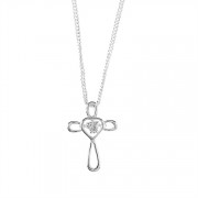 Necklace 9/16"Silver Plated Petal Cross /CZ Heart 18" Chain