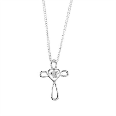 Necklace 9/16"Silver Plated Petal Cross /CZ Heart 18" Chain - 714611188292 - 73-4783P