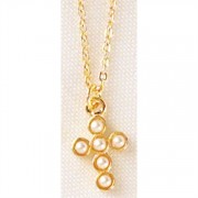 2pk -Necklace Gold Plated 6-Pearl Cross 16 Inch Curb Chain (Pack of 2)