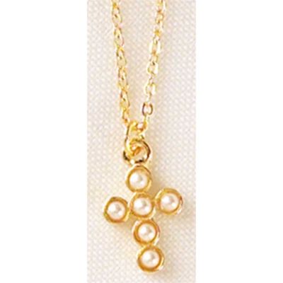 Necklace Gold Plated 6-Pearl Cross 16 Inch Curb Chain 2pk - 714611086550 - 30-0274
