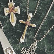 Necklace Pewter/Brass Tapered Double Cross 24 Inch