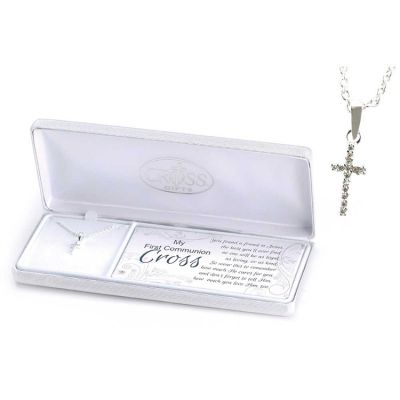 Necklace Silver Plated 3/4 Inch Cubic Zirconia Cross 16 Inch Chain - 714611159346 - 73-2646P