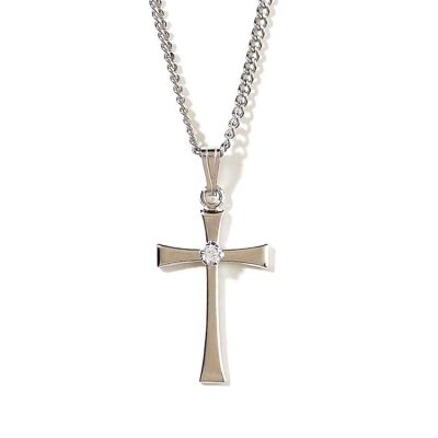 Necklace Silver Plated 3/4 Inch Flared Cross W CZ 18 Inch Chain - 714611136354 - 36-1512P