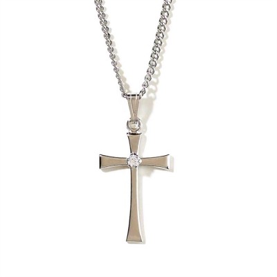 Necklace Silver Plated 3/4 Inch Flared Cross W CZ 18 Inch Chain - 714611136354 - 36-1512P