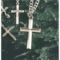 Necklace Silver Plated Beveled Cross 24 Inch Curb Chain