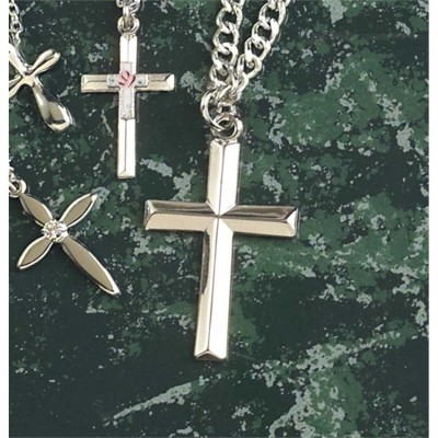 Necklace Silver Plated Beveled Cross 24 Inch Curb Chain - 714611154280 - 35-0072