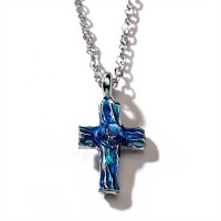 2pk -Necklace Silver Plated Blue Epoxy Cross/Stone w/Chain (Pack of 2)