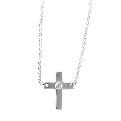 Necklace Silver Plated Box Cross /CZ 18 Inch Chain - 603799222235 - 73-5801P