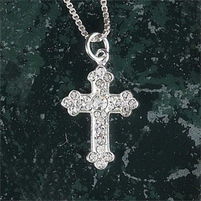 Necklace Silver Plated Budded Cubic Zirconia Cross 18 Inch Chain - 714611137825 - 73-1593P